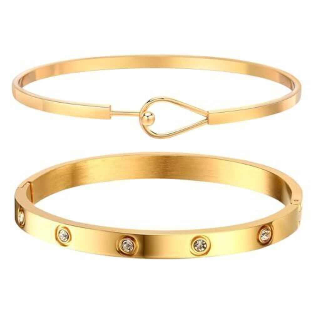 9024 Gold Bracelets , 2Pcs 18K Gold Plated Cubic Zirconia Bangle Crystal